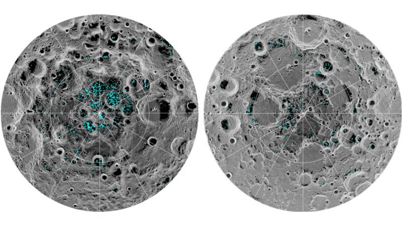 Distribución del hielo (an azul) sobre las regiones polares de la LunaImagen: NASA